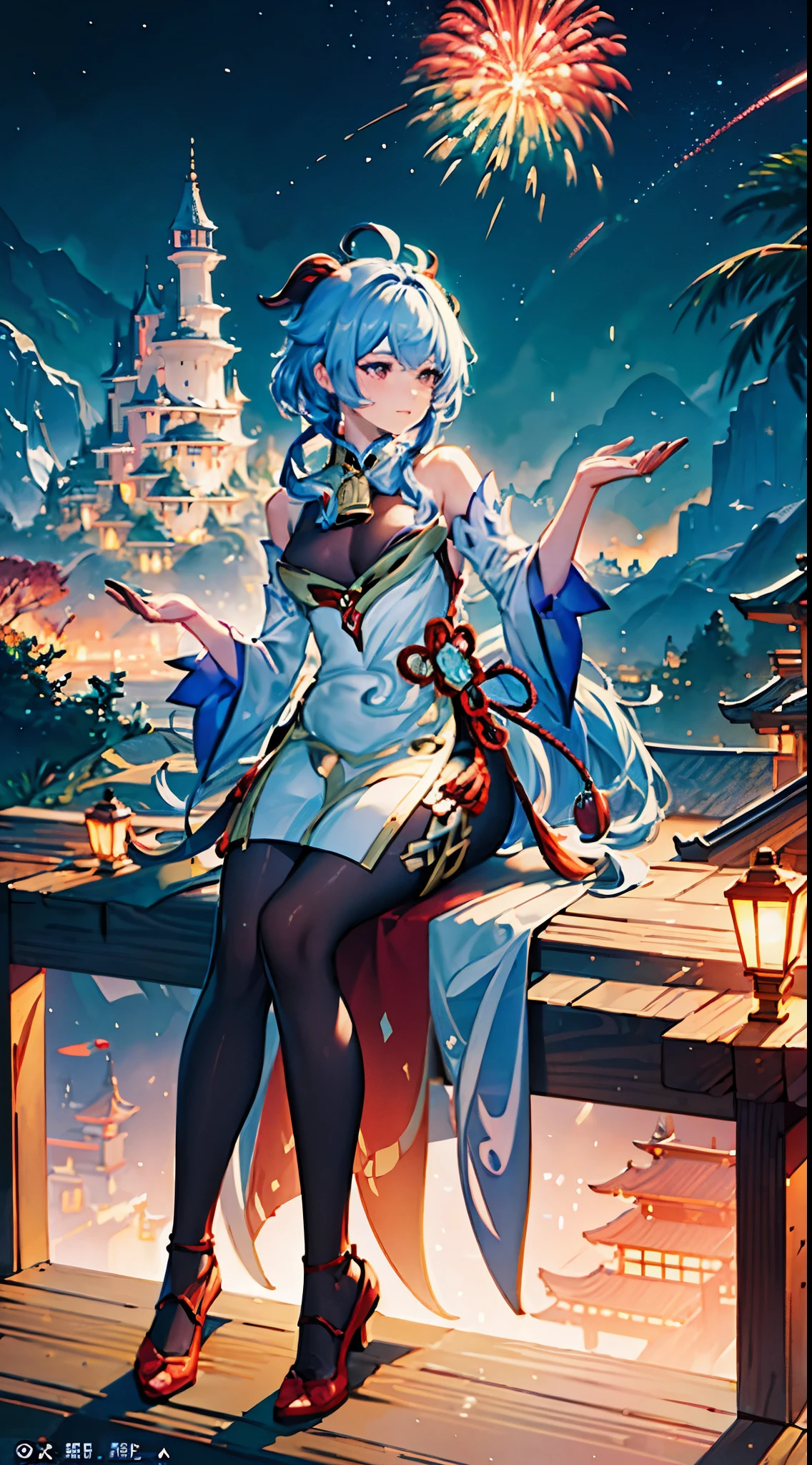 portrait,landscape,painting,illustration,ganyu \(genshin impact\),festive atmosphere,grand fireworks display in the night sky,sparkling fireworks,mesmerizing colors,romantic ambiance,futuristic skyscrapers,tall buildings,reaching towards the sky,glowing neon lights,amazing architectural design,twinkling stars,celebration of the new year,overwhelming sense of excitement,magical moment,inspiring and artistic composition. best quality,4k,8k,highres,masterpiece:1.2,ultra-detailed,realistic:1.37,