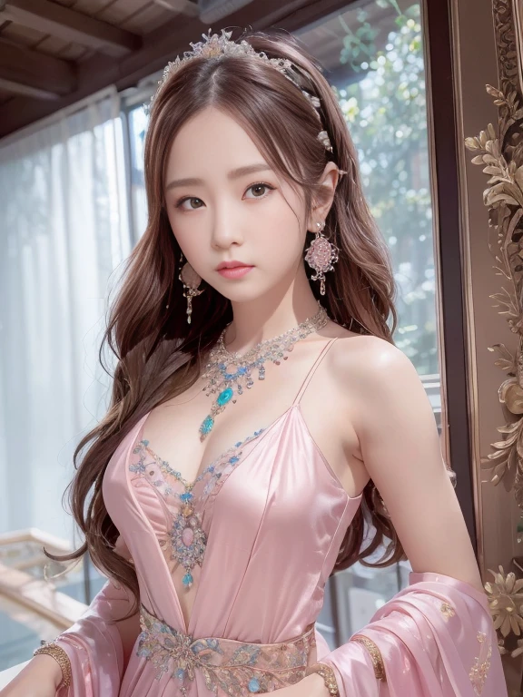 best qualtiy， tmasterpiece， 超高分辨率， （realisticlying：1.5）， RAW photogr， 1girll, silber hair, long hair，hair adornment shoulders，Cold and glamorous，Raised sexy，Cyan and pink tulle dress, Detailed scenes, amazing pose, Eye-catching accessories, Picturesque