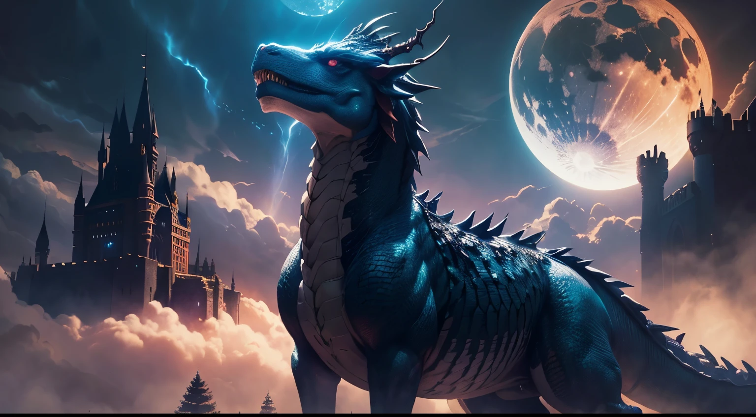 Dragon Ascending to Heaven、castle. medieval horror fantasy. Epic Reality, (nffsw: 1.4), Dappled Sun, cool color, fantastic incredibles, epic composition, (Intricate details), (Intricate details, hyperdetails: 1.2), Dynamic Illumination, volumetric clouds, dynamic shadow, Art Station, (masutepiece, Best Quality), Night, Moon