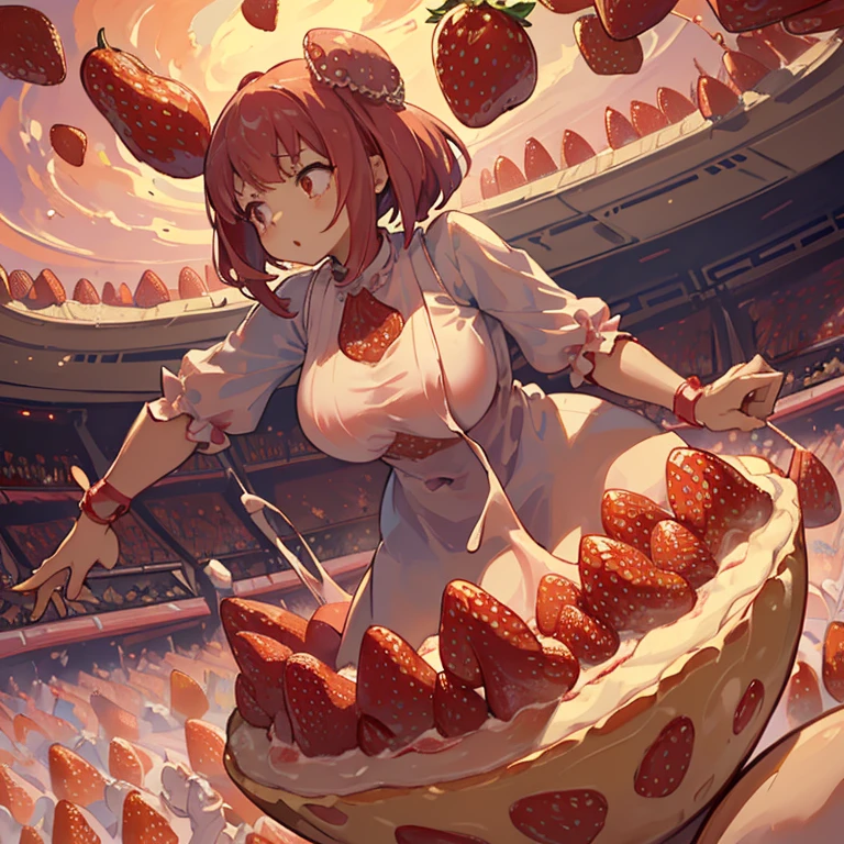 A pastry chef covered in strawberry parfait serving a giant strawberry、Amazing dynamism、Amazing Angle、Unstable buoyancy sandstorm、((((Many friendly giant strawberries float closely together and chase each other.))))。surround each other'giant strawberry、