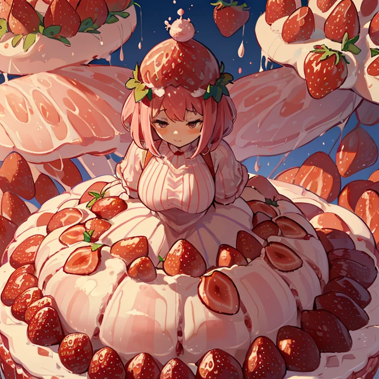 A pastry chef covered in strawberry parfait serving a giant strawberry、Amazing dynamism、Amazing Angle、Unstable buoyancy sandstorm、((((Many friendly giant strawberries float closely together and chase each other.))))。surround each other&#39;giant strawberry、