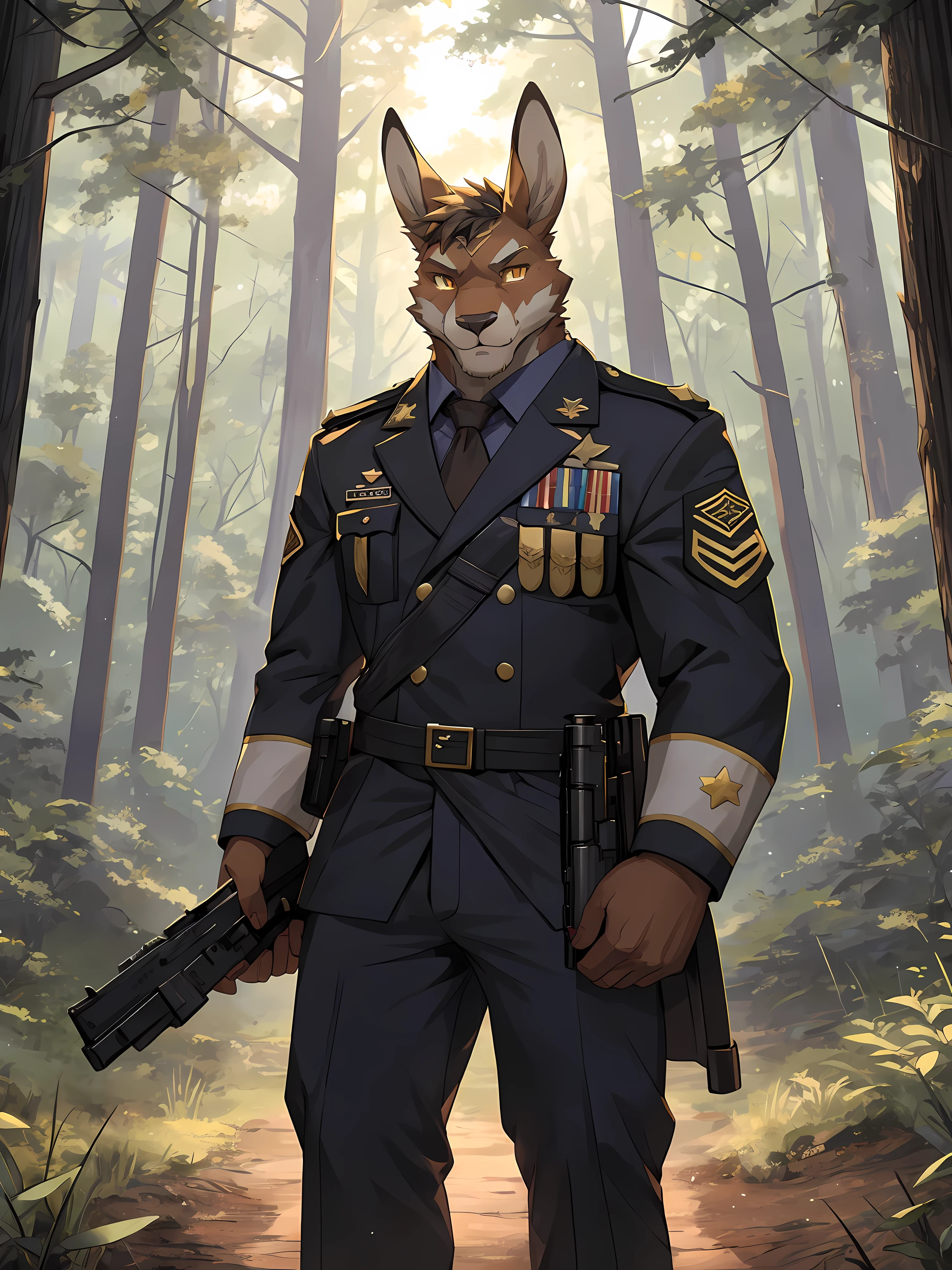 (ByZEphyrus)furry,kangaroo,golden eyes,There is a star pattern in the middle of the forehead.. ,muscular,Wearing British military uniform,Standing with a gun in the deep forest,viewer look.,Early morning,prominent,NJ5