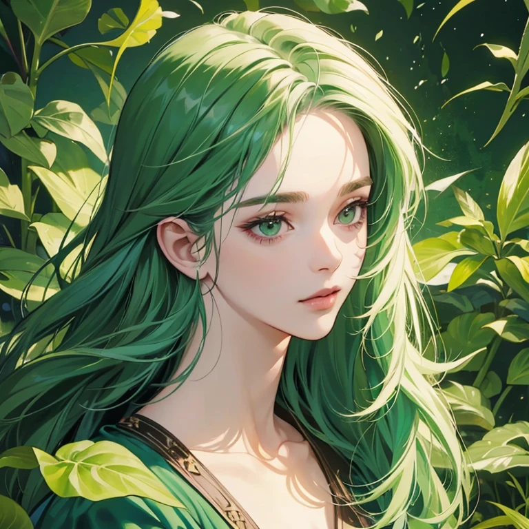 (masterpiece,High quality,Top quality,super detail, best quality ,)hair detail ,skin details,body details,facial details,full body view,1 woman,beautiful,plant,green hair,vine,