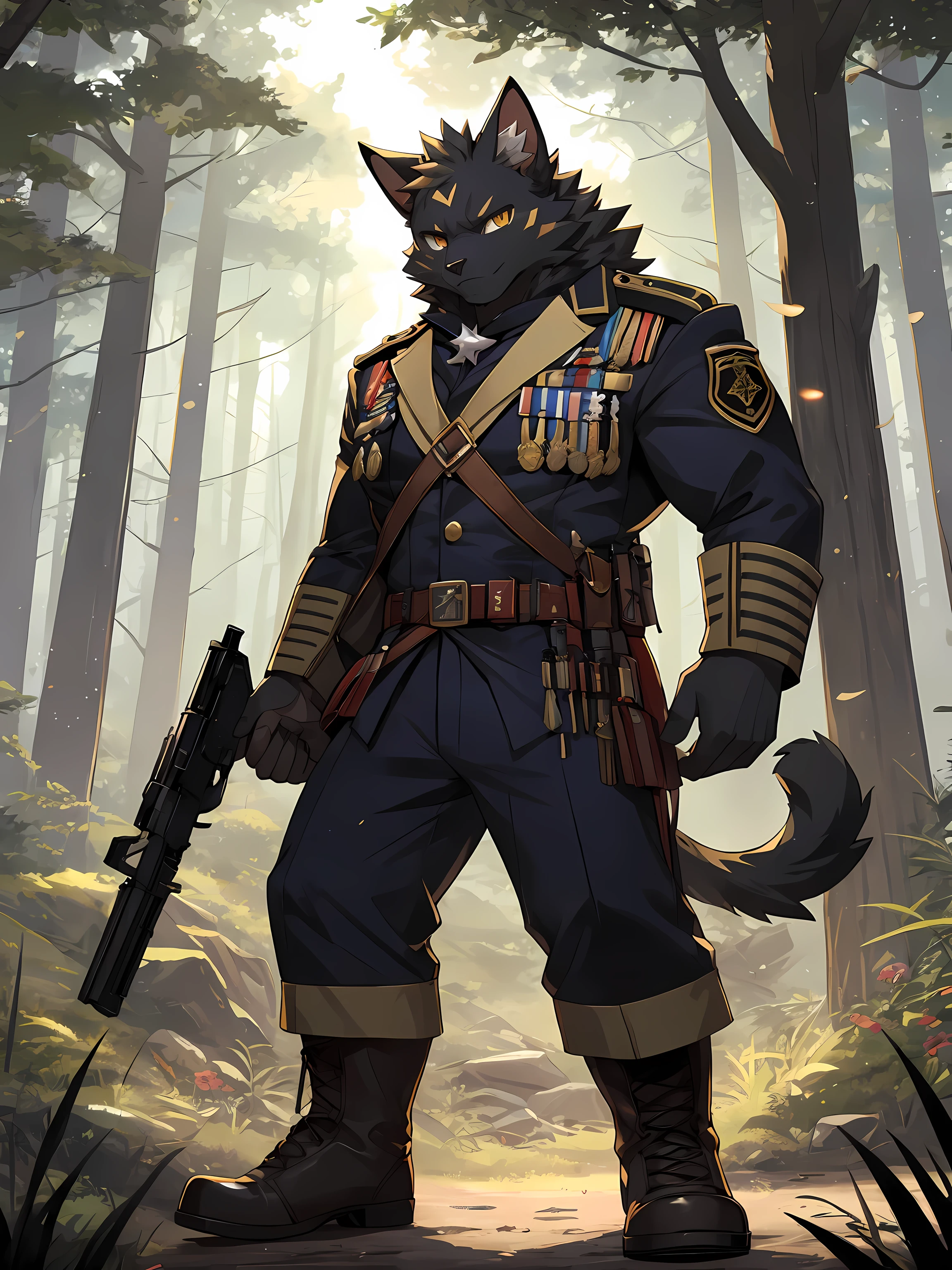 (ByZEphyrus)furry,black fur cat,golden eyes,There is a star pattern in the middle of the forehead.. ,muscular,Wearing British military uniform,Standing with a gun in the deep forest,viewer look.,Early morning,prominent,NJ5
