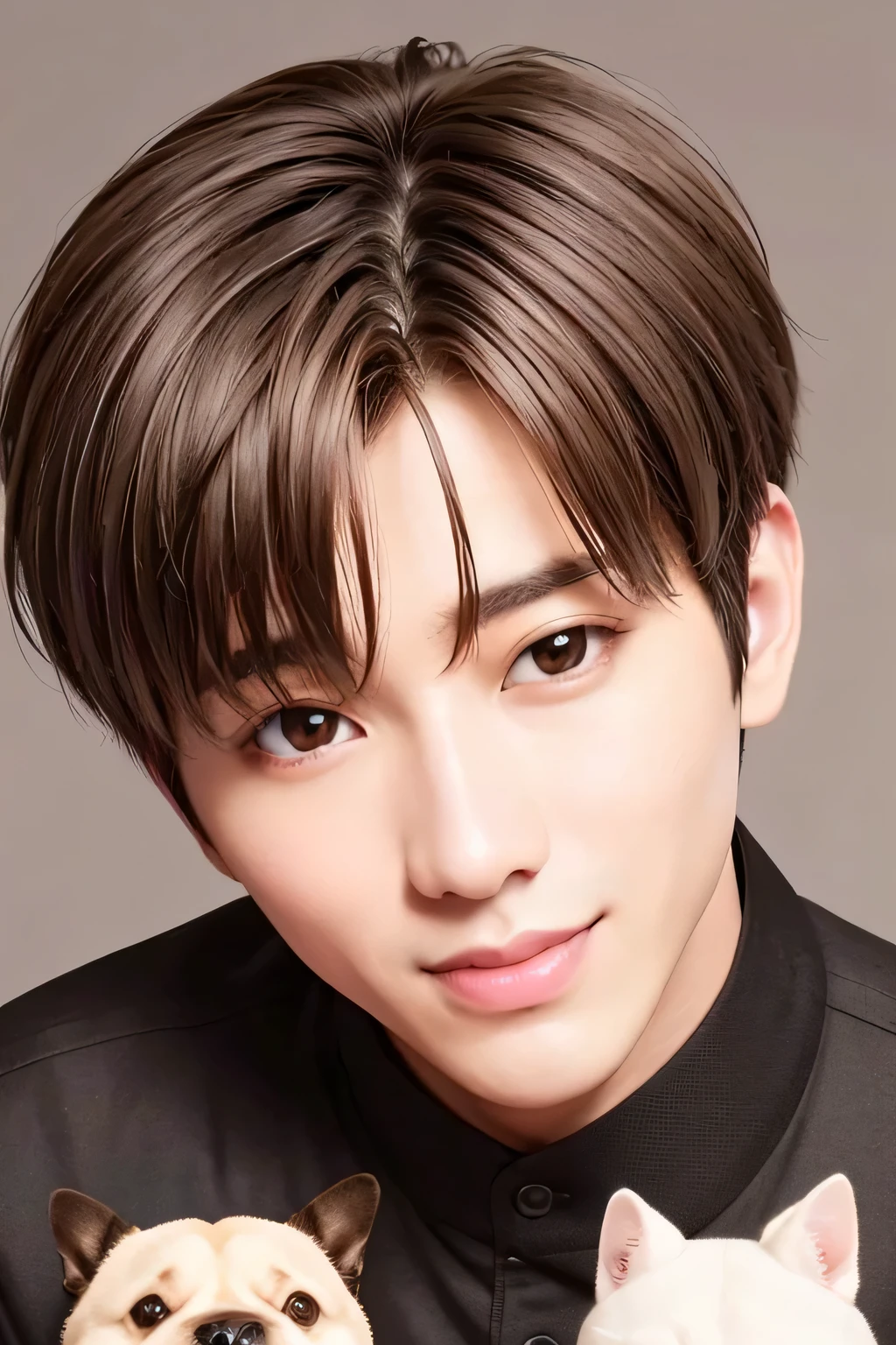 8K ,　hightquality、masuter piece、male people１a person、head shot、A dark-haired、Black shirt、Brown eyes、ssmile、many dogs background