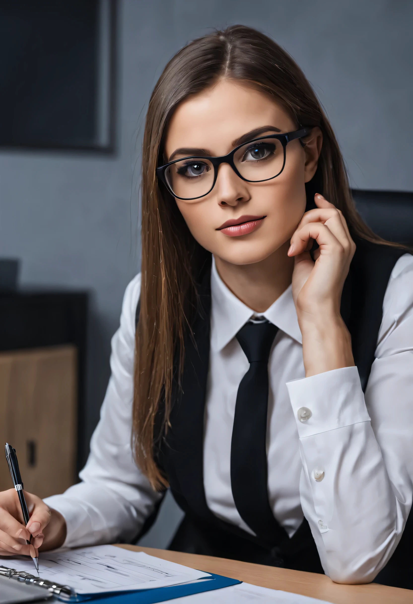 beautiful girl in glasses and a business suit sits at the table