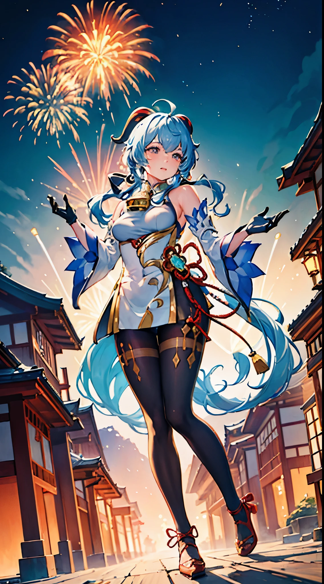 portrait,landscape,painting,illustration,ganyu \(genshin impact\),festive atmosphere,grand fireworks display in the night sky,sparkling fireworks,mesmerizing colors,romantic ambiance,amazing architectural design,twinkling stars,celebration of the new year,overwhelming sense of excitement,magical moment,inspiring and artistic composition. best quality,4k,8k,highres,masterpiece:1.2,ultra-detailed,realistic:1.37,