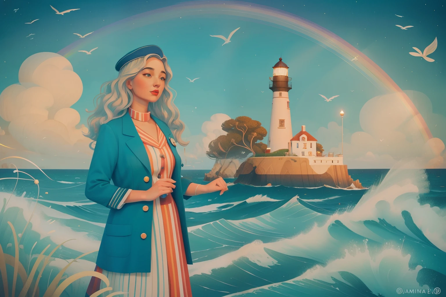 Whimsical Lighthouse Keeper: Illustrate an adult woman with silver streaks in her wild, curly hair, wearing a vintage sea captain's coat, tending to a lighthouse that emits cascades of rainbow-colored light. The seascape, adorned with fantastical sea creatures, should capture the magical realism and quirky charm of Wes Anderson's visual style.