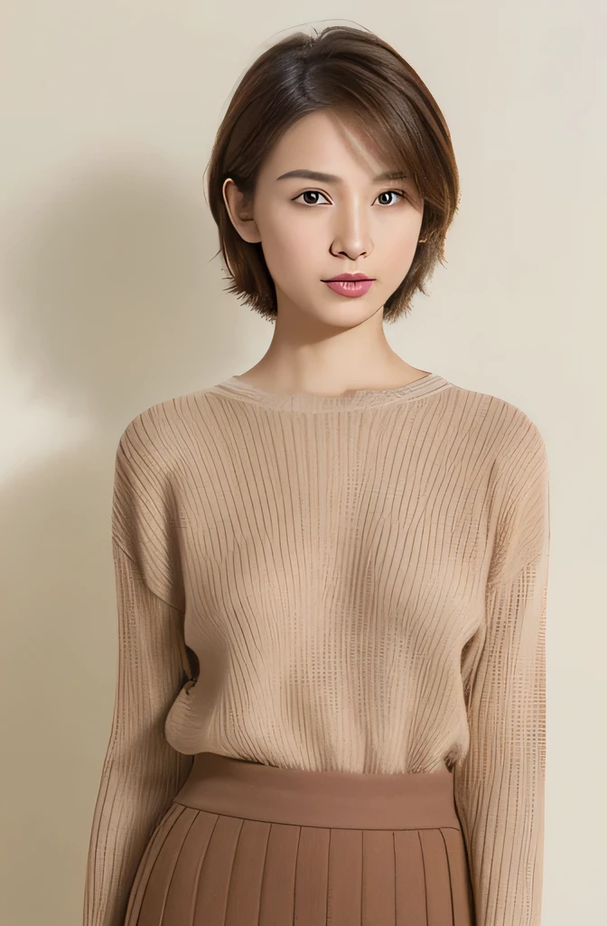 masuter piece, top-quality, ​masterpiece, hight resolution, Photorealsitic, Raw photography, 8k wallpaper, flawless, profetional lighting, ighly detailed, depth of fields,Pale solid color background, ((One beautiful woman)), ((14 year old male sexy, Detailed face, beautidful eyes, bangss, small breasts of good shape, light brown short straight hair, Faint lips, ((standing at front、Staring at the viewer&#39;serious face eyes.)),Sweaters, skirt by the, foot out of frame