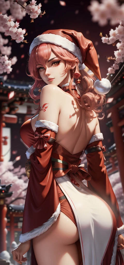 (tmasterpiece, Excellent, 1girl, 独奏, Complicated details, Color difference), 真实感, ((Middle Breath)), off-the-shoulder, big breastes, Sexy, Yae miko, long pink hair, red headpiece, Red highlighting, hair above one eye, green colored eyes, earings, sharp eyes, Perfectly symmetrical figure, Choker, neon shirt, open jacket, turtleneck sweater, Against a wall, brick wall, grafffiti, dim lighting, alleyway, A look at the audience,  ((sneaky, enticing, Bewitching)), ((Cherry blossom background ))),((Japanese temple background)))), ((((Glow-in-the-dark background)))(((Masterpiece))), Professional photography, ((female sexy Santa Claus)), complex 3D rendering, complex thoughts, Ultra-detailed, HDR, Гипер真实感, sharp-focus, Panasonic Lumix s pro 50mm, 8K, Octane rendering, ray traced, (((Professional photography))), high definition, фото真实感, Hyper-realistic, bokeh, Depth of field, with dynamic backlight, sharp edges, Studio, Vivid details, ((professional Colorgradinasterpiece))),  complex 3D rendering, complex thoughts, Cinematic, image, Ultra-detailed, HDR, Гипер真实感, sharp-focus, Panasonic Lumix s pro 50mm, 8K, Octane rendering, ray traced, (((Professional photography))), high definition, фото真实感, Hyper-realistic, bokeh, Depth of field, with dynamic backlight, sharp-focus, sharp edges, Studio, Vivid details, ((professional Colorgradinonster