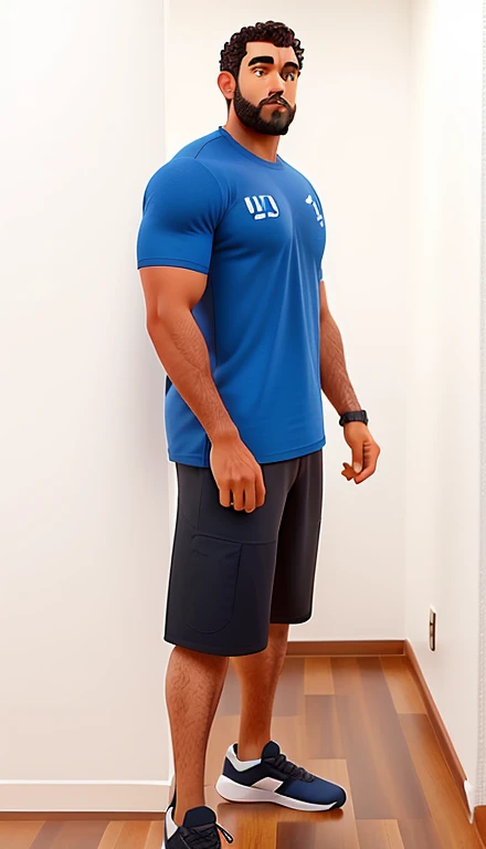 Um homem de 40 anos personal trainer na academia, com o cabelo enrolado e barba baixa, corpo forte sem exagero, camisa preta de treino e bermuda