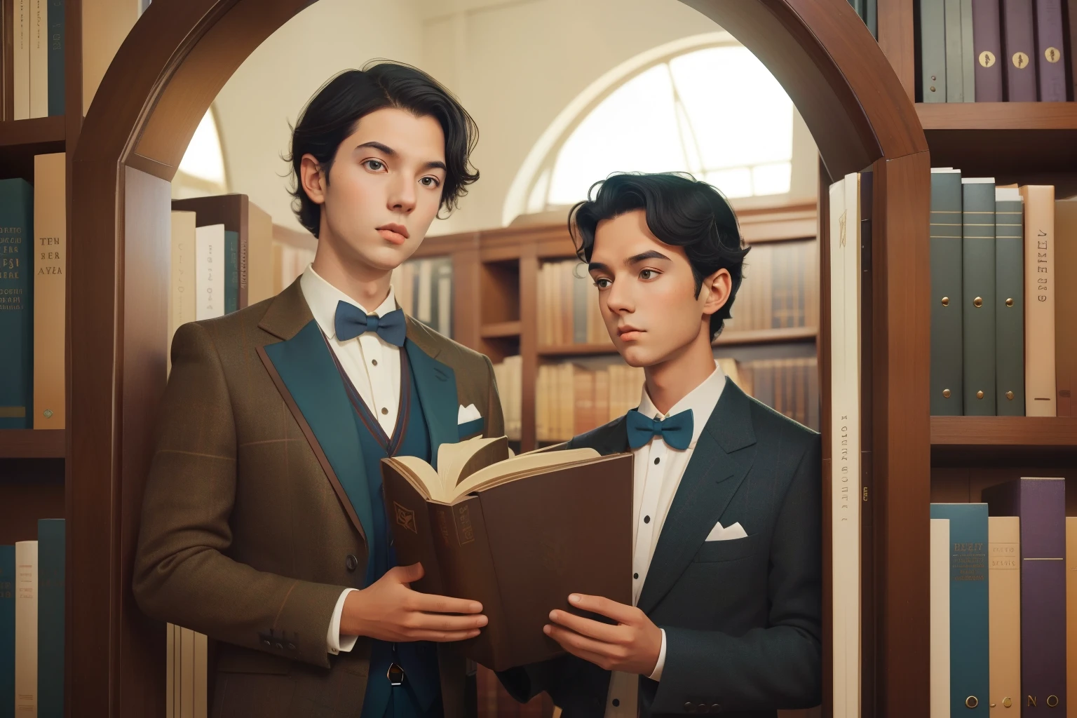 Mysterious Library Encounter: Envision a teenage boy with tousled jet-black hair, wearing a tweed suit and bowtie, discovering a magical portal within the pages of an oversized book in a library filled with floating books and whimsical creatures. The library's color palette should mirror the quirky charm associated with Wes Anderson's films.