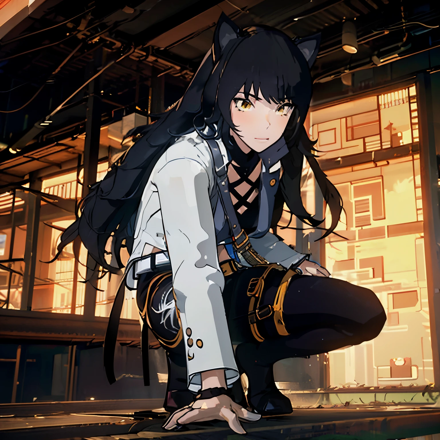 Blake_RWBY, 1girl, solo, black hair, long hair, cat ears, animal ears, yellow eyes, belt, midriff, pants, jacket,