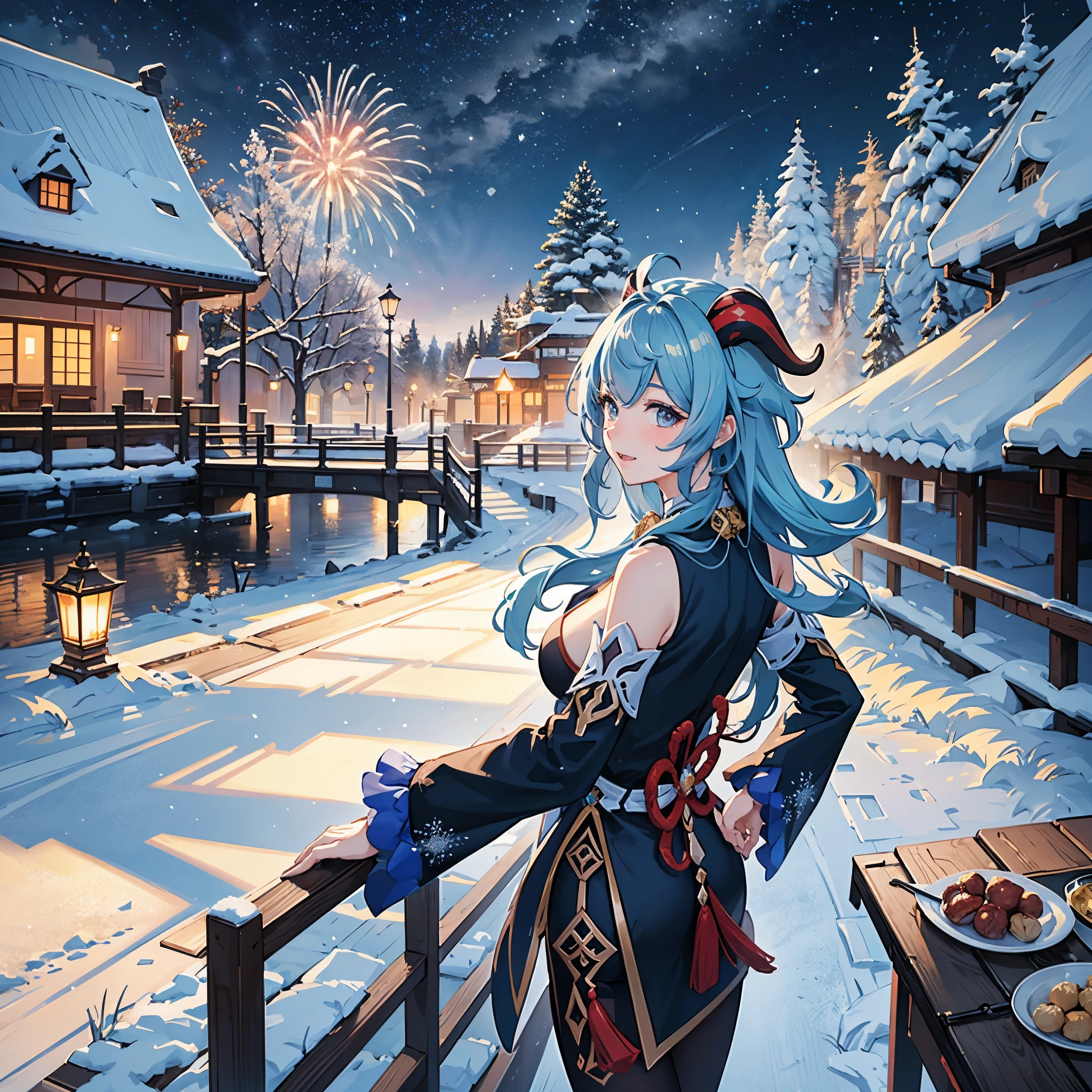 portrait,landscape,painting,illustration,ganyu \(genshin impact\),Winter snowflakes fluttering,festive atmosphere,(grand fireworks display in the night sky),sparkling fireworks,mesmerizing colors,romantic ambiance,amazing architectural design,twinkling stars,celebration of the new year,overwhelming sense of excitement,magical moment,inspiring and artistic composition. best quality,4k,8k,highres,masterpiece:1.2,ultra-detailed,realistic:1.37,