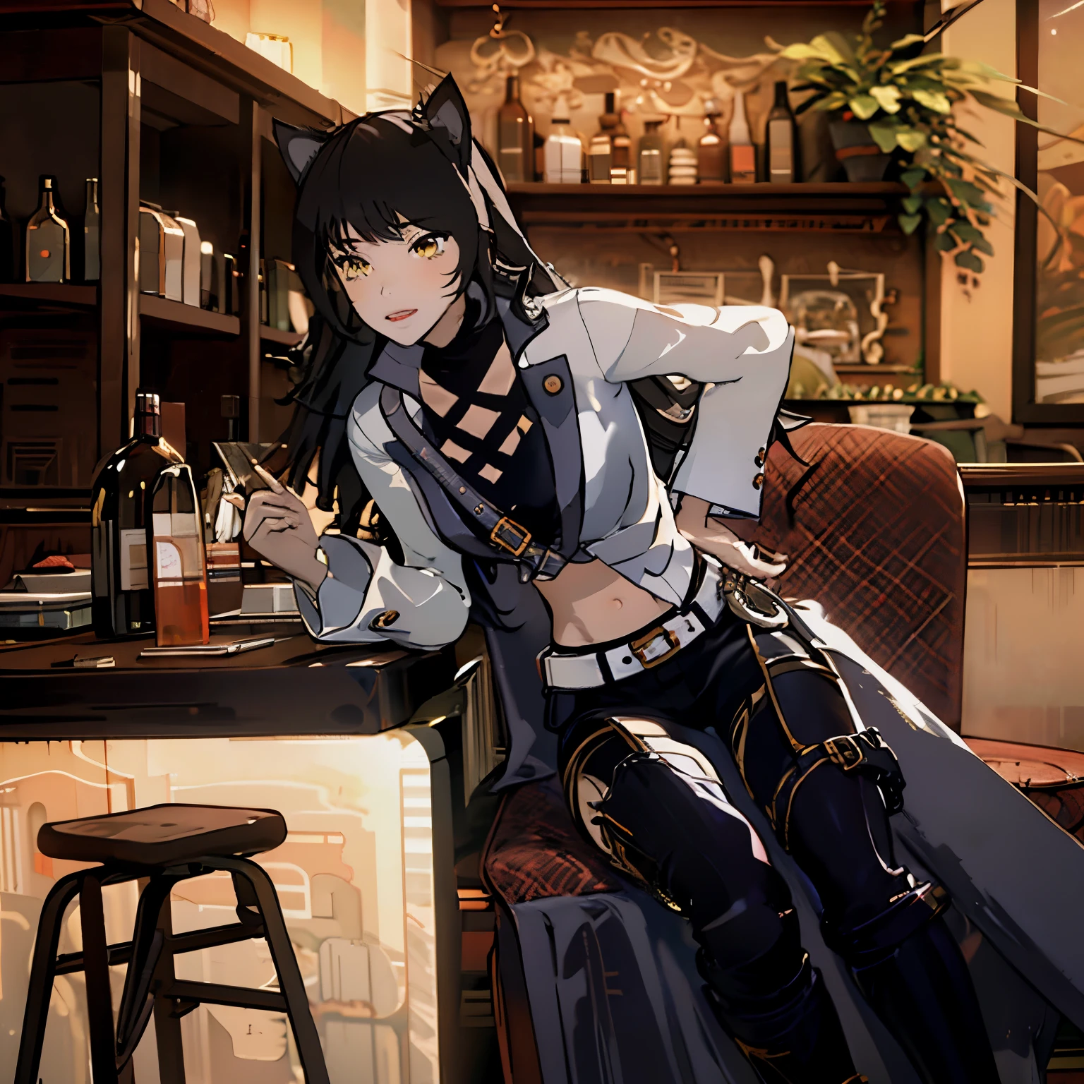 Blake_RWBY, 1girl, solo, black hair, long hair, cat ears, animal ears, yellow eyes, belt, midriff, pants, jacket,