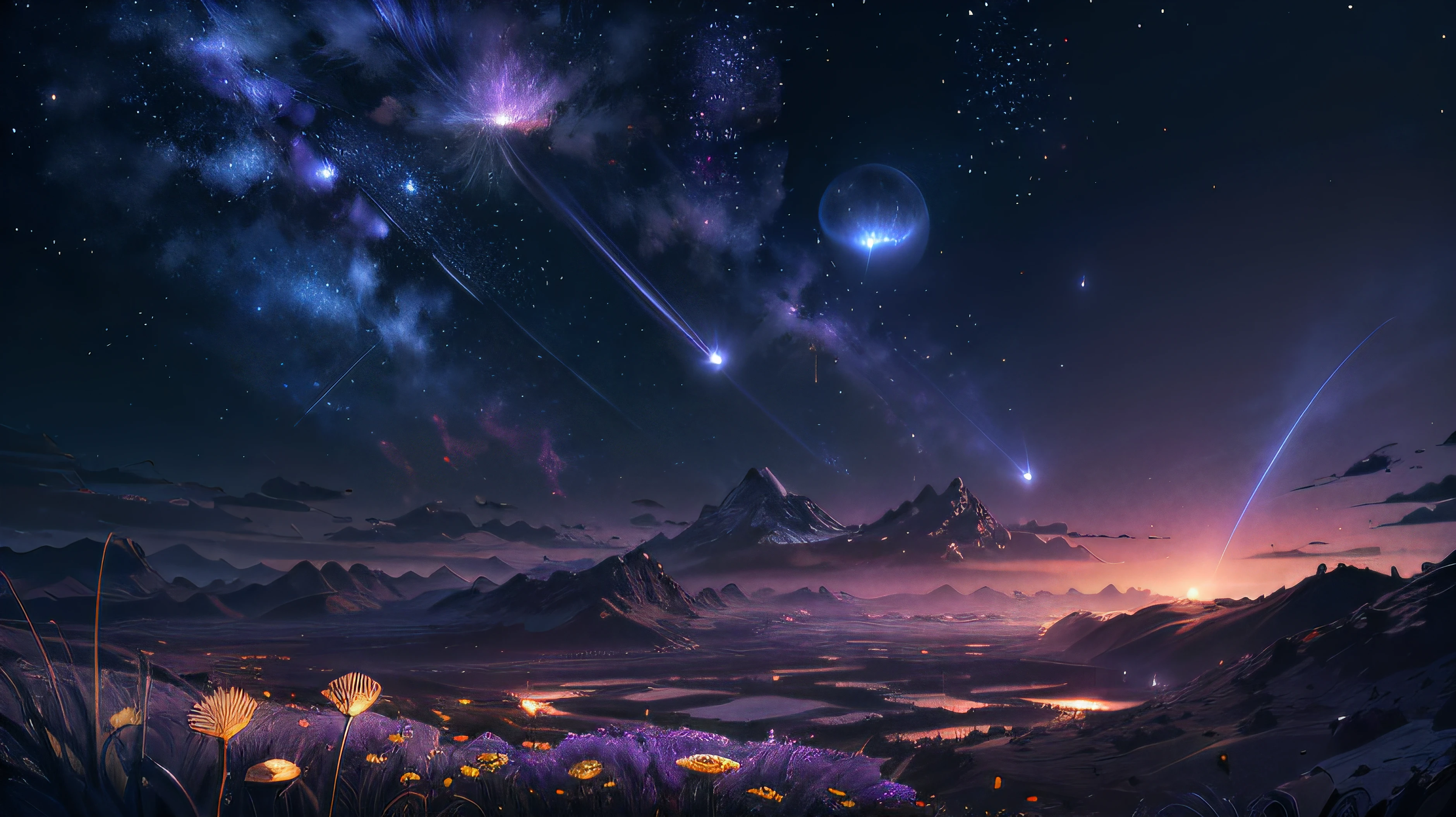 (Absurd, Cinematic, UHD, tallest, ultra detailed, ultra detailed), dark purple sky, nebula in the sky, last 5 in the sky, big moon in the sky, shooting star, dandelion field, mountain, oil painting, detailed dandelion field, detailed sky, sunset, unreal engine 4k wallpaper