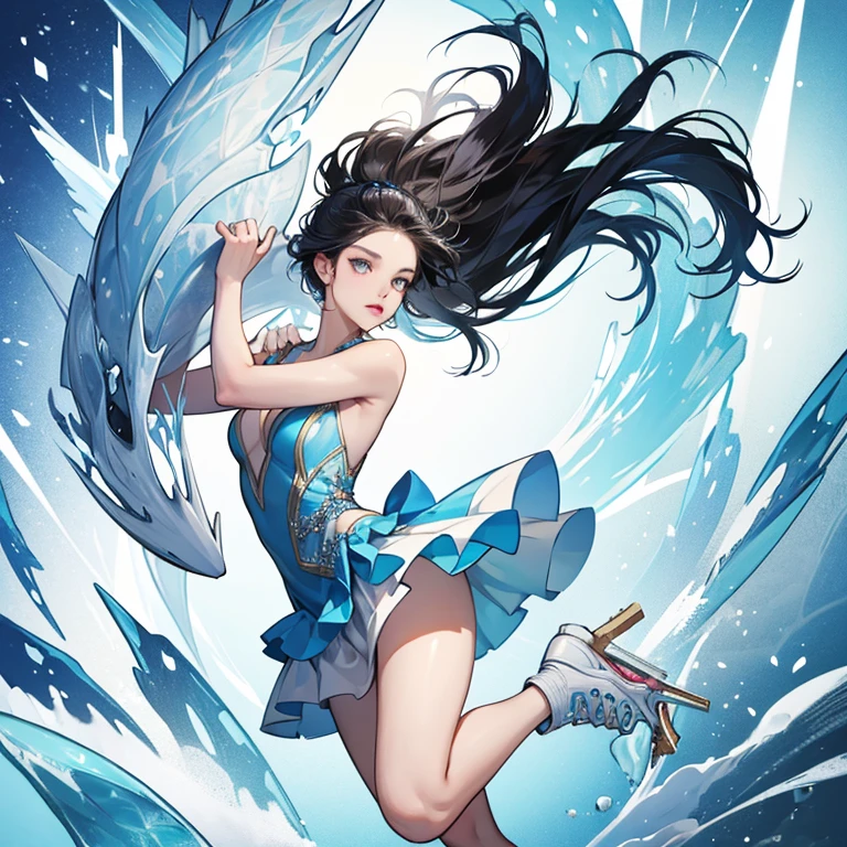 (masterpiece,High quality,Top quality,super detail, best quality ,)hair detail ,skin details,body details,facial details,full body view,1 woman,beautiful,ice,sportsperson ice skating,