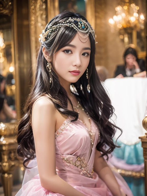 best qualtiy, tmasterpiece, 超高分辨率, (realisticlying:1.5), RAW photogr, 1girll, silber hair, long hair,hair adornment shoulders,Cold and glamorous,Raised sexy,Cyan and pink tulle dress, Detailed scenes, amazing pose, Eye-catching accessories, Picturesque