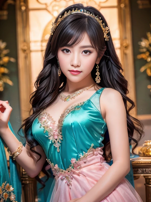 best qualtiy， tmasterpiece， 超高分辨率， （realisticlying：1.5）， RAW photogr， 1girll, silber hair, long hair，hair adornment shoulders，Cold and glamorous，Raised sexy，Cyan and pink tulle dress, Detailed scenes, amazing pose, Eye-catching accessories, Picturesque