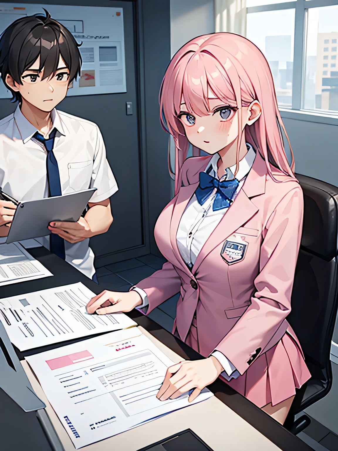 1, There are men and women behind the counter..
2,the woman is the receptionist, She is wearing a pink blazer and a pink skirt., An unfriendly person who hates men.
3,The man is an employee of this company、I'm asking the receptionist to come with me.。.
4,The location is the company's large reception counter., The company logo is written in large letters on the back wall..