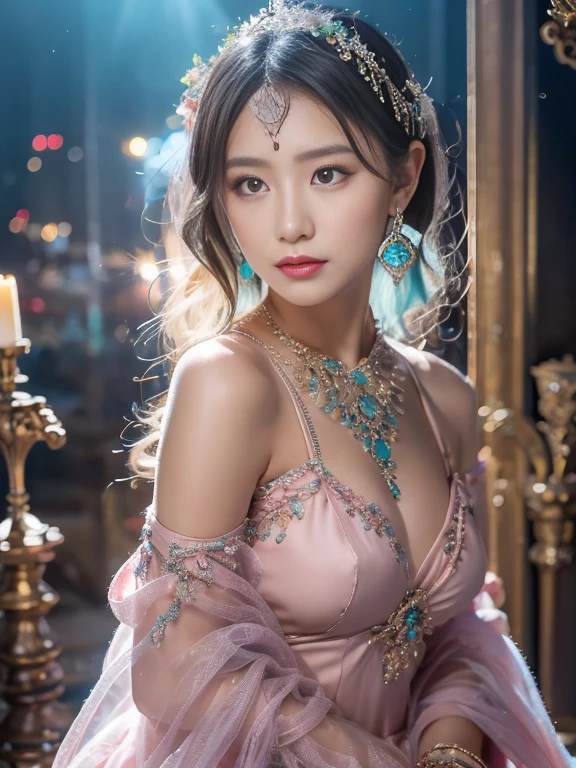 best qualtiy， tmasterpiece， 超高分辨率， （realisticlying：1.5）， RAW photogr， 1girll, silber hair, long hair，hair adornment shoulders，Cold and glamorous，Raised sexy，Cyan and pink tulle dress, Detailed scenes, amazing pose, Eye-catching accessories, Picturesque