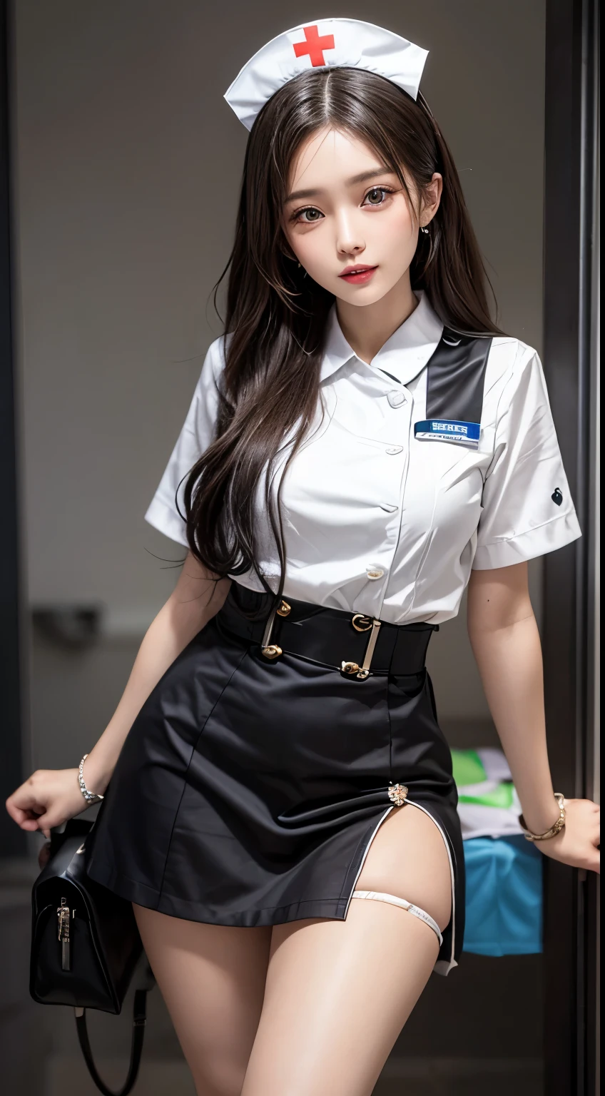 (1 The ultimate beautiful mature nurse) 、 Super accurate face 、 Detail Lip 、 Detail Eye 、 二重まぶた 、 ((Dark short style)) 、 (Nurse's uniform: 1.3) 、 (fancy figure) 、 ssmile 、 upper legs, A perfect fit, Perfect image realism, Background with: (Hospital Rooms: 1.2) cow boy shot, Detail Background with, Detail Clothing, perfect litthing 、 Surrealist 、 (photore: 1.4) 、 8K maximum resolution, (Luxury) The is very detailed, professional
