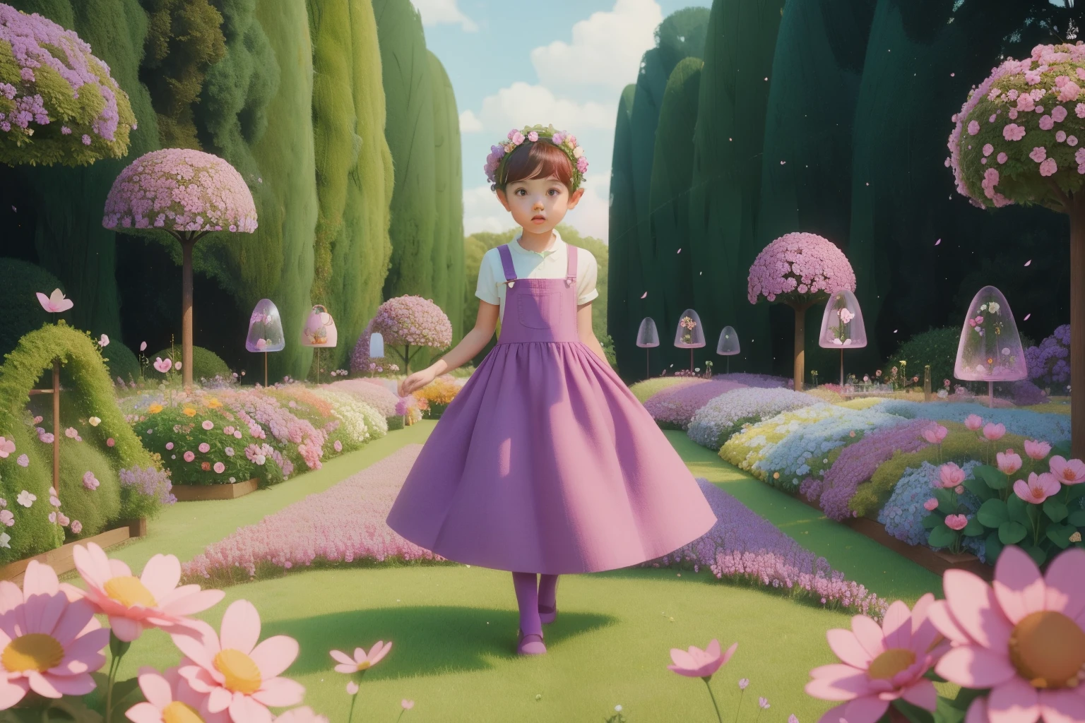 Garden of Levitating Flowers: Imagine a child around ten with a pixie cut of vibrant magenta, wearing overalls and a flower crown, marveling at a garden where flowers hover magically in mid-air. The garden, bathed in soft hues of pastel, should evoke a sense of childlike enchantment in line with Wes Anderson's visual aesthetic.