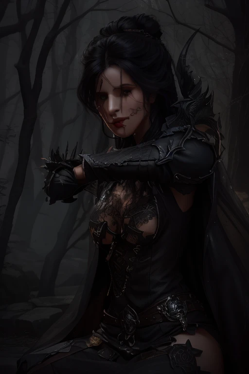 (best quality,4k,highres,masterpiece:1.2),ultra-detailed,(realistic,photorealistic,photo-realistic:1.37), female necromancer, wearing black armor, sinister pose, Yennefer of Vengerberg, mother of witchers, intricate tattoos, mystical aura, dark magic, fiercesome expression, magical staff, arcane symbols, haunting background, smoky atmosphere, dynamic lighting