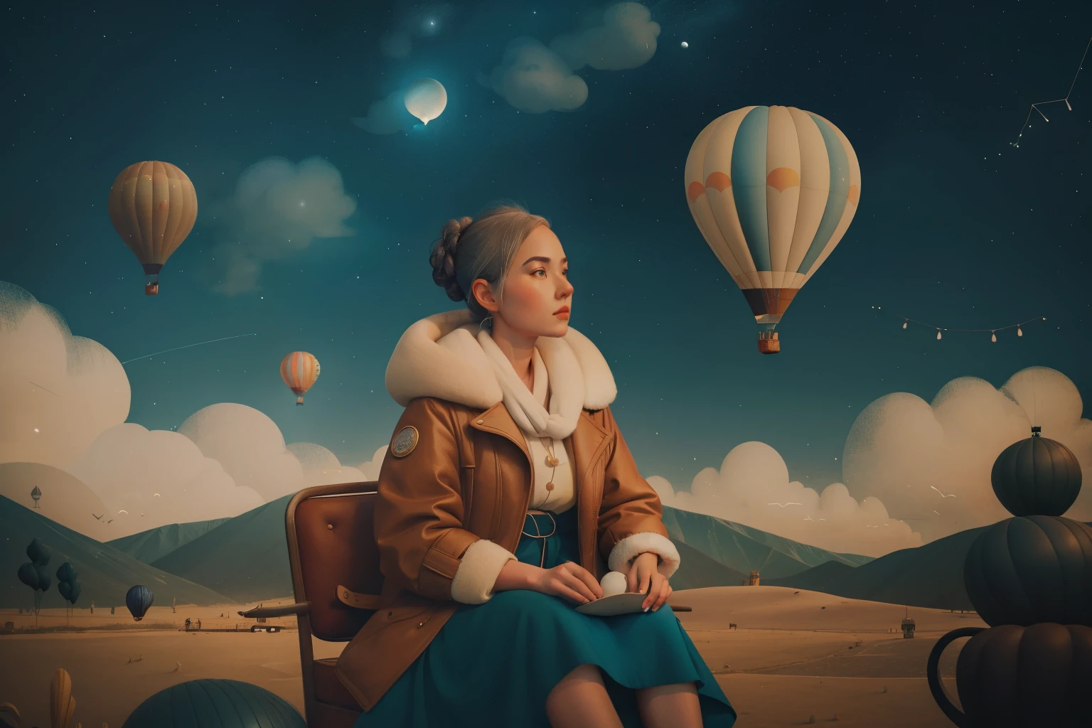 The Moonlit Hot Air Balloon Expedition: Craft a scene featuring an adult woman with silver hair tied in a loose bun, dressed in a vintage aviator jacket, navigating a hot air balloon through a moonlit sky filled with constellations in the shape of whimsical animals. The dreamlike atmosphere should channel Wes Anderson's magical realism.