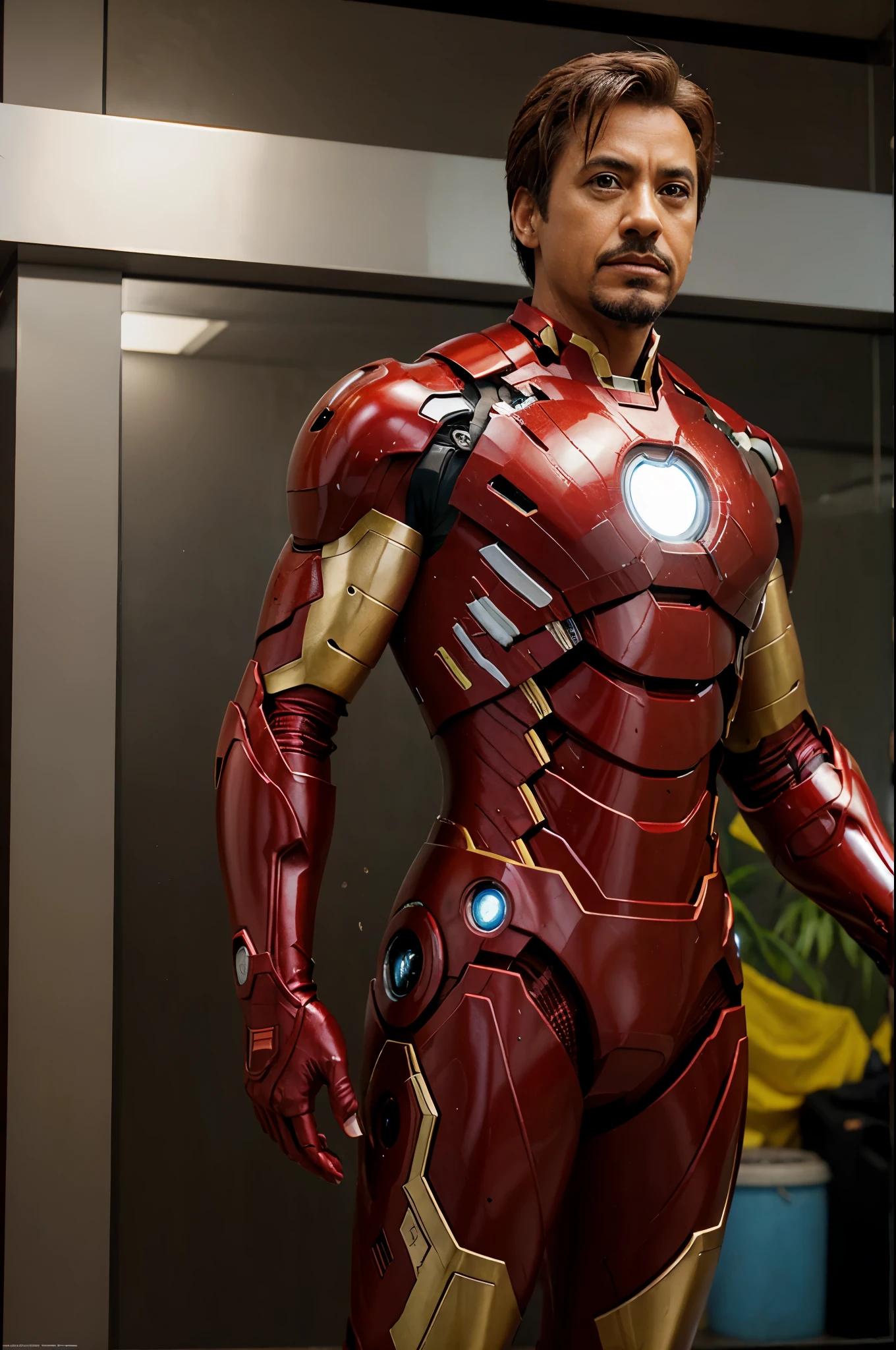 Create a realistic image of Iron Man, as wallpaper and in the background the scenery of Brazil