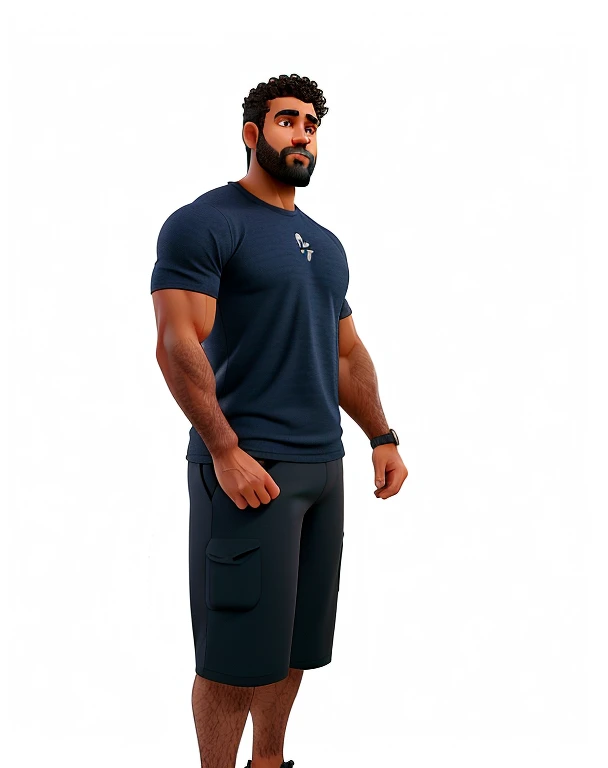 Um homem de 40 anos personal trainer na academia, com o curly hair e barba baixa, corpo forte sem exagero, camisa preta de treino e bermuda