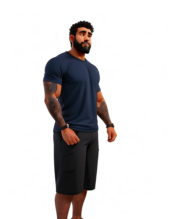 Um homem de 40 anos personal trainer na academia, com o curly hair e barba baixa, corpo forte sem exagero, camisa preta de treino e bermuda