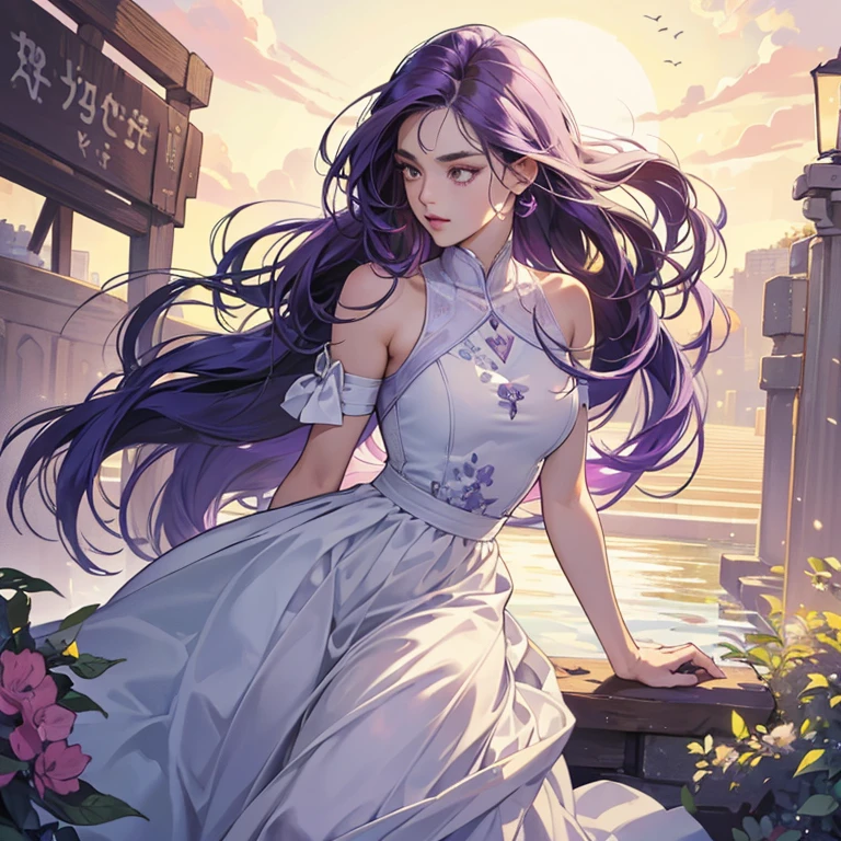 (masterpiece,High quality,Top quality,super detail, best quality ,)hair detail ,skin details,body details,facial details,full body view,1 woman,beautiful,purple hair sportsperson,tennis,