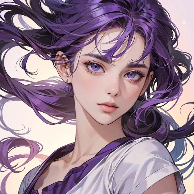 (masterpiece,High quality,Top quality,super detail, best quality ,)hair detail ,skin details,body details,facial details,full body view,1 woman,beautiful,purple hair sportsperson,tennis,