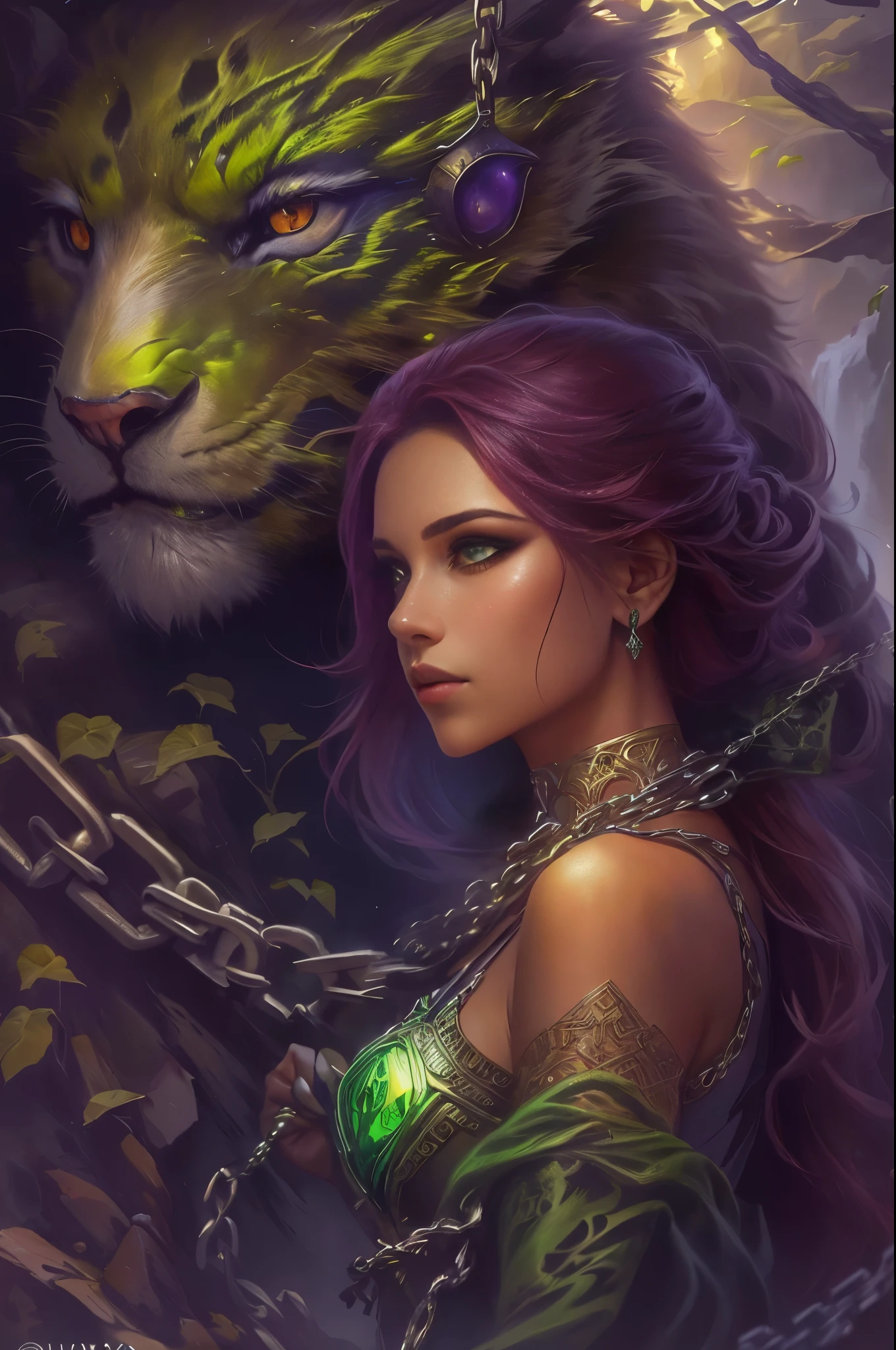 A woman holding chains and a glowing green demon, Abaddon and Magali Villeneuve, stands tall in front of a magnificent fantasy landscape. The woman's eyes are captivating, with intricate details that reflect the intensity of her emotions. Her lips are delicate and beautifully defined, adding an air of mystery to her appearance. She exudes strength and confidence, and her long eyelashes accentuate her mesmerizing gaze.

The artwork is created using the medium of fine art, with a focus on realism. The level of detail is exceptionally high, capturing every subtle texture and nuance of the scene. The vibrant colors bring the image to life, with a wide range of hues that contribute to the overall richness and depth.

The fantasy landscape serves as the backdrop for this captivating scene. It is filled with breathtaking elements, such as towering mountains, cascading waterfalls, and lush vegetation. The lighting in the