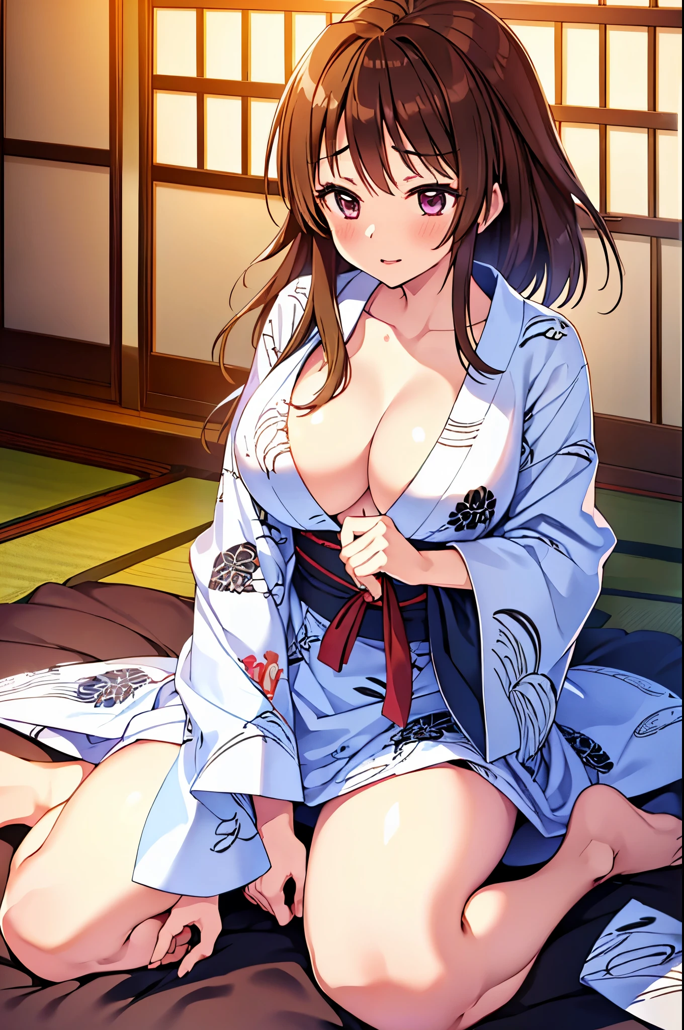 top-quality、NSFW、ultra-detailliert、（１femele１male people）、huge tit、Brown hair、Undressing in yukata、Sexually aroused face、(((pov cowgirl ))）、vaginal,sex、（((On a futon in Japan)))、