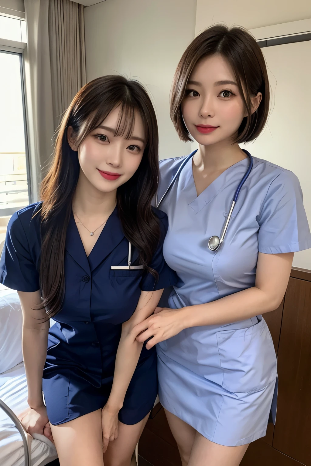 (1 The ultimate beautiful mature nurse)、Super detailed face、詳細な唇、詳細な目、Double eyelid brunette bob hair))、(nurses uniform:1.3)、(charming body)、(humongous large breast)、ssmile、thighs, thighs, thighs, A perfect fit, Perfect image realism, Background with: (Hospital Rooms:1.2), cow boy shot, 细致Background with, detailed outfits, perfect litthing、hyper realisitc、(真实感:1.4)、8K maximum resolution, (masterpiece), The is very detailed, professional