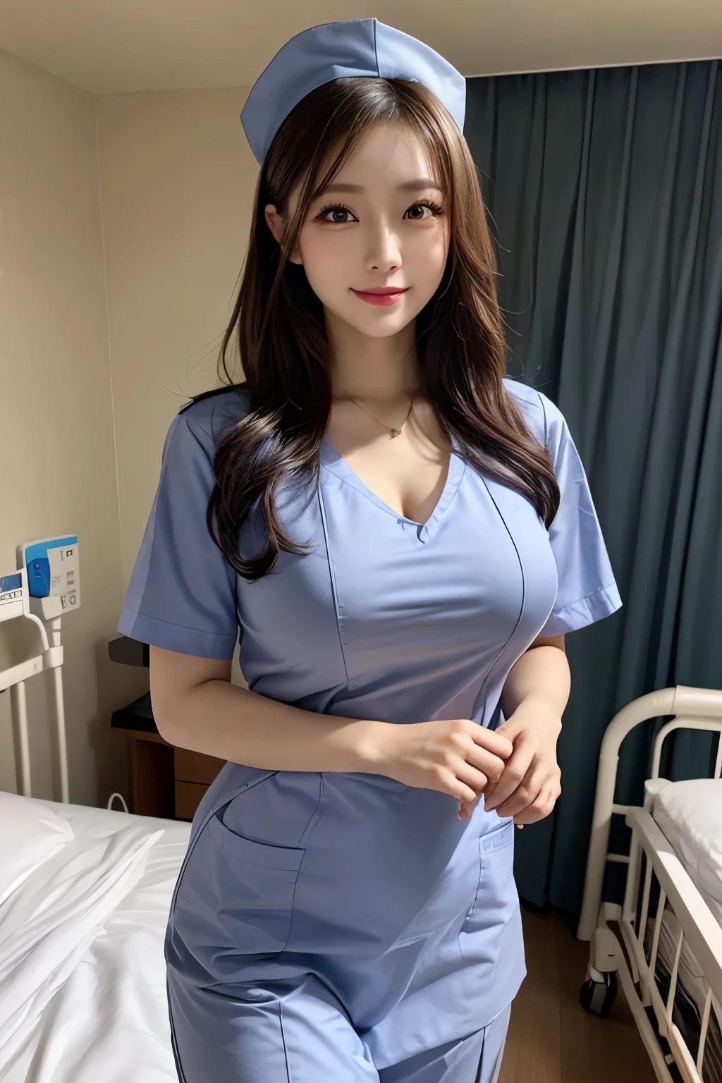 (1 The ultimate beautiful mature nurse)、Super detailed face、詳細な唇、詳細な目、Double eyelid brunette bob hair))、(nurses uniform:1.3)、(charming body)、(humongous large breast)、ssmile、thighs, thighs, thighs, A perfect fit, Perfect image realism, Background with: (Hospital Rooms:1.2), cow boy shot, 细致Background with, detailed outfits, perfect litthing、hyper realisitc、(真实感:1.4)、8K maximum resolution, (masterpiece), The is very detailed, professional