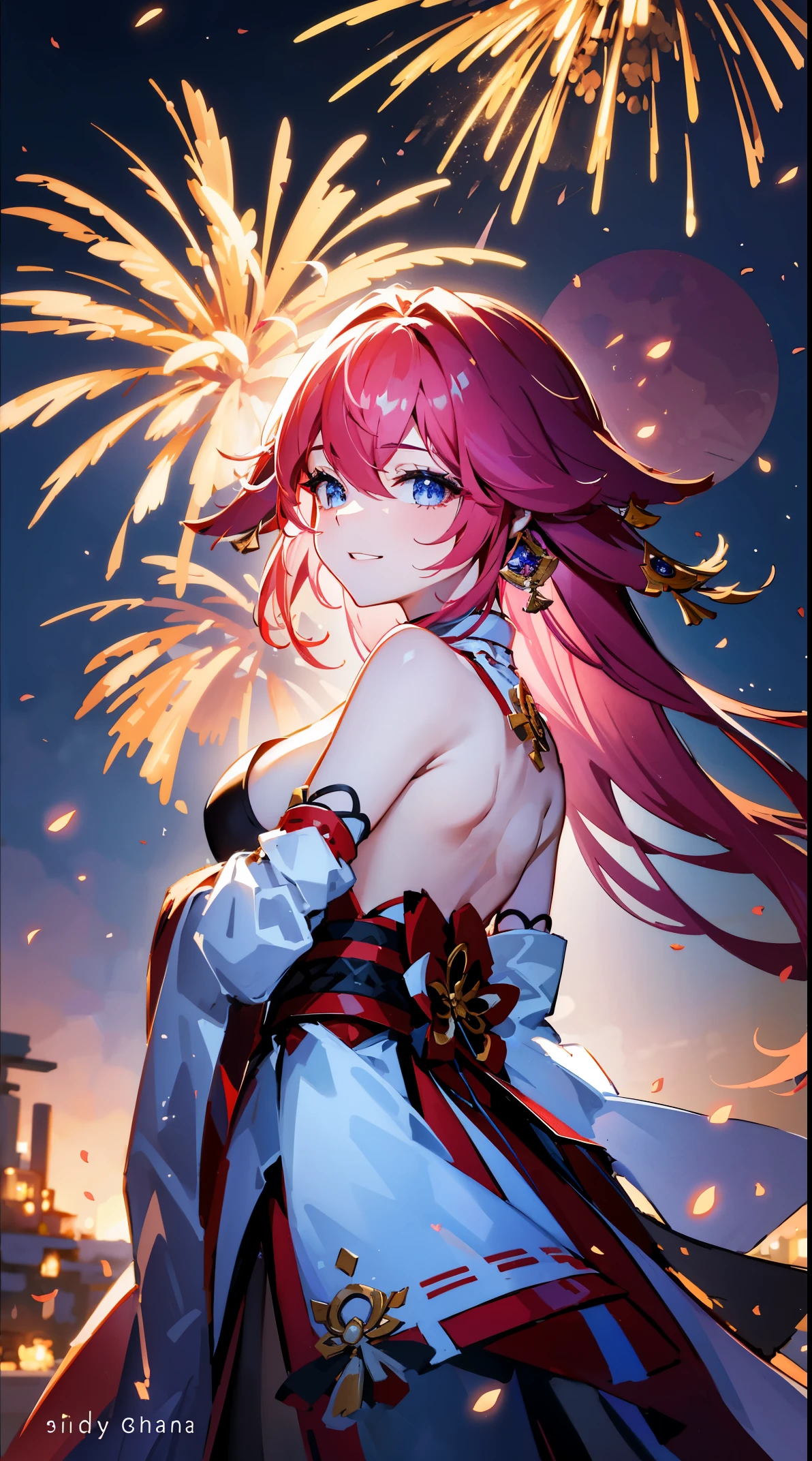 grand fireworks display in the night sky,twinkling stars,celebration of the new year,portrait,landscape,painting,illustration,yae miko, sleeves separated, strapless, (sideboob:1.45), Winter snowflakes fluttering,festive atmosphere,sparkling fireworks,mesmerizing colors,romantic ambiance,amazing architectural design,overwhelming sense of excitement,magical moment,inspiring and artistic composition. best quality,4k,8k,highres,masterpiece:1.2,ultra-detailed,realistic:1.37,