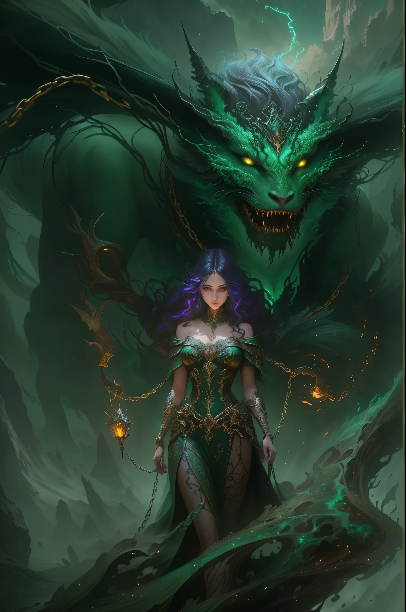 A woman holding chains and a glowing green demon, Abaddon and Magali Villeneuve, stands tall in front of a magnificent fantasy landscape. The woman's eyes are captivating, with intricate details that reflect the intensity of her emotions. Her lips are delicate and beautifully defined, adding an air of mystery to her appearance. She exudes strength and confidence, and her long eyelashes accentuate her mesmerizing gaze.

The artwork is created using the medium of fine art, with a focus on realism. The level of detail is exceptionally high, capturing every subtle texture and nuance of the scene. The vibrant colors bring the image to life, with a wide range of hues that contribute to the overall richness and depth.

The fantasy landscape serves as the backdrop for this captivating scene. It is filled with breathtaking elements, such as towering mountains, cascading waterfalls, and lush vegetation. The lighting in the
