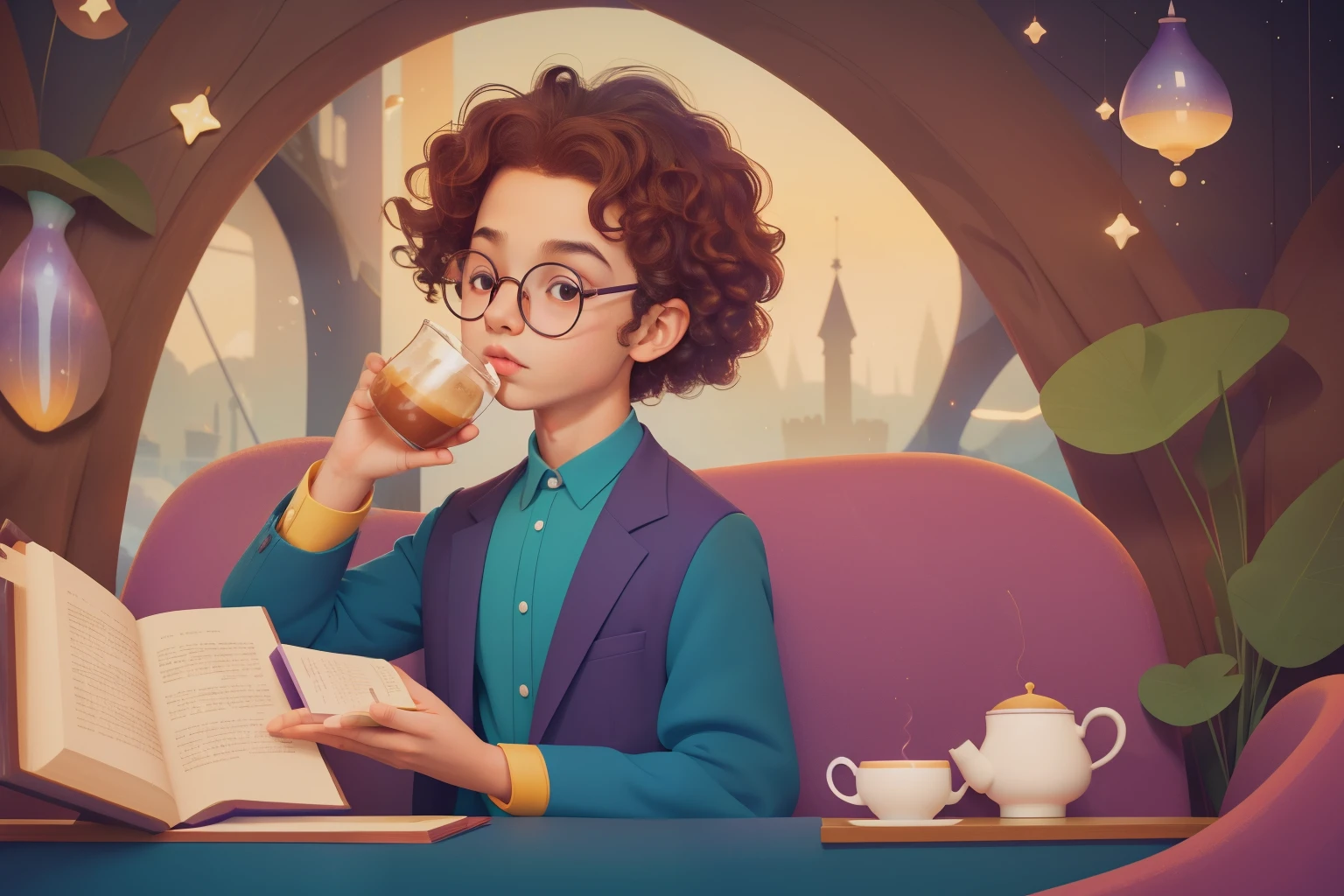 Magical Café of Imagination: Illustrate a tween boy with wild curly hair and oversized glasses, sipping an otherworldly potion in a café where books come to life and cups of tea float in mid-air. The café's color scheme should reflect Anderson's distinctive palette, capturing the fantastical essence of magical realism.