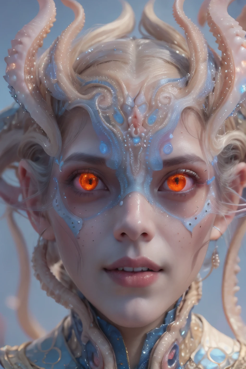 Portrait, (beautiful female alien:1.2), (she has red eyes with no pupils:1.8), (Translucent skin:1.7), (There is a female genital-like organ in the middle of the forehead:1.9), (The most beautiful face in the history of the universe:1.2),an evil gaze that seduces, (large mouth:1.1), (sharp teeth like a vampire:1.2), Full body like, (bio luminescent:1.5), (Smile wickedly:1.3), (sexypose:1.5), alien, No humans, cells are fused, (Lots of translucent tentacles:1.3) extraterrestrial, cell, bio image, Best Quality, 8K,4K_quality, High Definition, Dramatic Lighting, masutepiece:1.5,cinematic quality, detail up, (Intricate details:1.2), High resolution, High Definition, drawing faithfully, (Thick eyebrows:1.2), Beautiful eyes with fine symmetry,(Highly detailed face and eyes:1.2), Intimate face, (Super detailed skin quality feeling:1.4), Perfect Anatomy, (Beautiful toned body:1.5), (Moist skin:1.2), No makeup, (dark circles:1.1), long canines, cinematic drawing of characters, ultra high quality model, cinematic quality, detail up, (Intricate details:1.2), High resolution, High Definition, drawing faithfully, Official art, Unity 8K wall , 8K Portrait, Best Quality, Very High resolution, ultra detailed artistic photography, midnight aura, unreal enginee 5, Ultra Sharp Focus, art by alberto seveso, ArtGerm, Roisch, intricate artwork, best quality, masutepiece, ultra High resolution, (photos realistic:1.4), Ultra-realistic realism, dream-like, nautilus, Creation of fantasy, Snail, Dream Snail, biopunk nautilus, Thrilling color schemes, Ultra-realistic realism, seductively smiling, Blue tentacles,