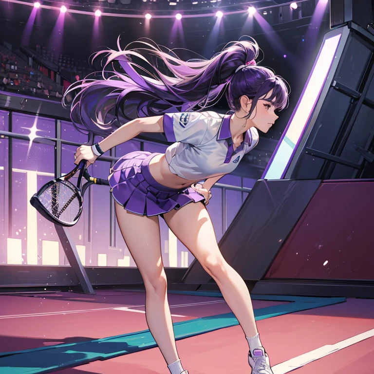 (masterpiece,High quality,Top quality,super detail, best quality ,)hair detail ,skin details,body details,facial details,full body view,1 woman,beautiful,purple hair sportsperson,tennis,sportswear,short skirt,crop shirt,