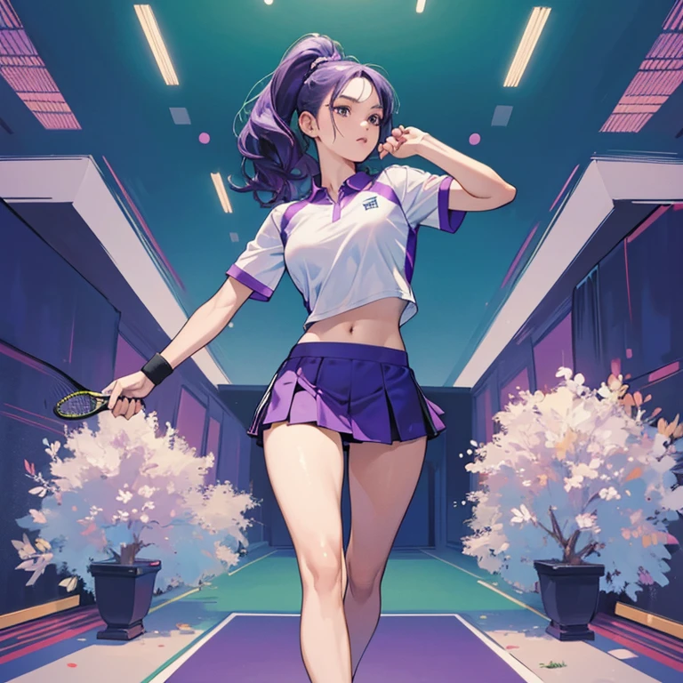 (masterpiece,High quality,Top quality,super detail, best quality ,)hair detail ,skin details,body details,facial details,full body view,1 woman,beautiful,purple hair sportsperson,tennis,sportswear,short skirt,crop shirt,