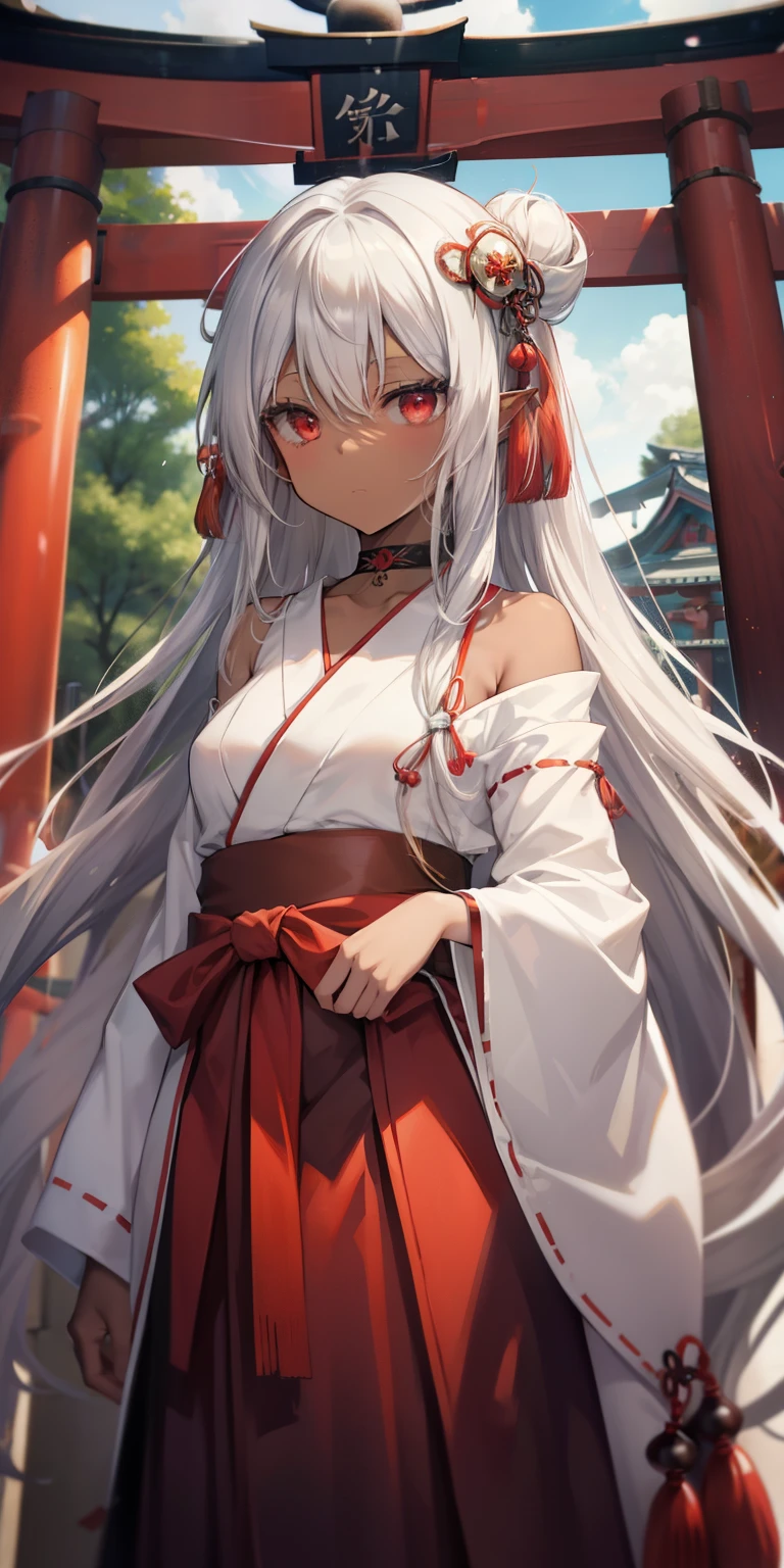 (masutepiece: 1.2, Best Quality), 1 Lady, Solo, silber hair,The long-haired, Red Eyes, Black skin,Brown skin,elvish、a choker,Silver Accessories,shrine maiden,Hakama,torii gate,shrines