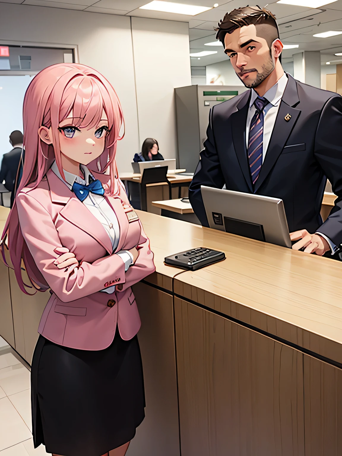 1,There's a woman behind the counter、There's a man in front of me.
2,the woman is the receptionist, She is wearing a pink blazer and a pink skirt., An unfriendly person who hates men.
3,The man is an employee of this company、I'm asking the receptionist to come with me.。.
4,The location is the company's large reception counter., The company logo is written in large letters on the back wall..