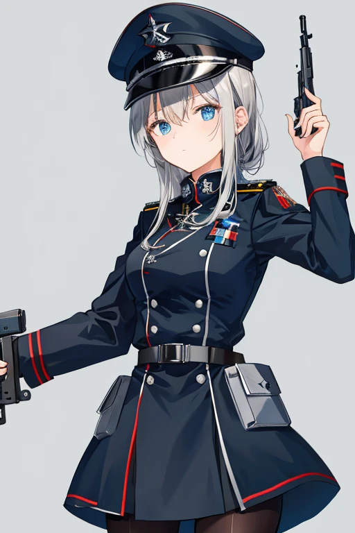 German black military uniform，female student，silber hair，iron cross，Lateral face，Hold the gun in your left hand