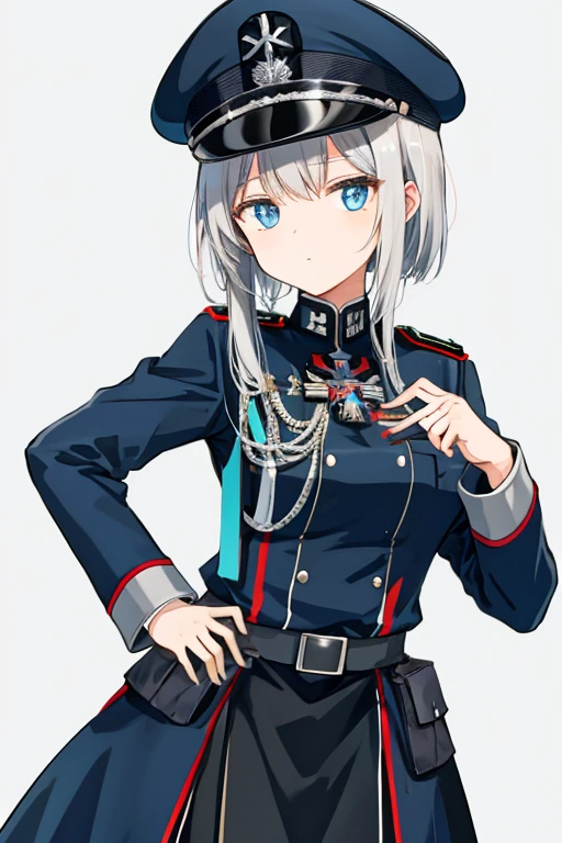 German black military uniform，female student，silber hair，Iron Cross insignia，Lateral face，Hold the gun in your left hand