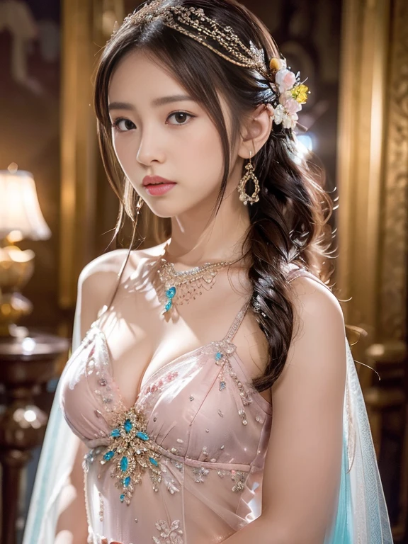 best qualtiy， tmasterpiece， 超高分辨率， （realisticlying：1.5）， RAW photogr， 1girll, silber hair, long hair，hair adornment shoulders，Cold and glamorous，Raised sexy，Cyan and pink tulle dress, Detailed scenes, amazing pose, Eye-catching accessories, Picturesque