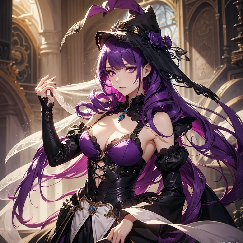 (Character design sheet, forehead, side, back, head, clothing), a girl, purple hair, amber eyes, steampunk style, leather jacket, metallic details, lace blouse, striped skirt, knee-length stockings, Victorian boots, top hat, determined look, charming smile, arched eyebrows, wit and mechanical skills.